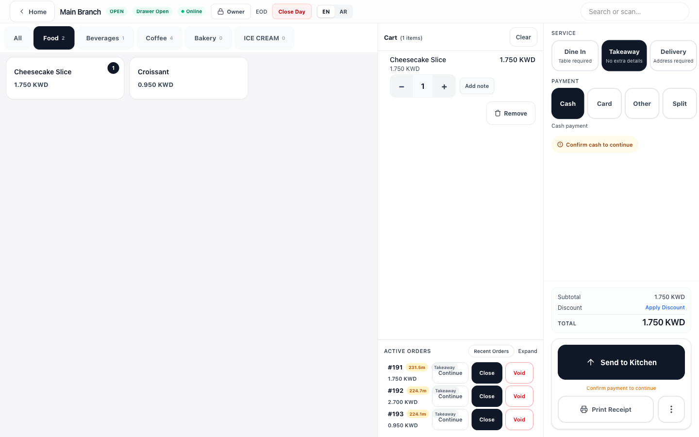 Korvia POS — order screen with product grid, cart, and active orders