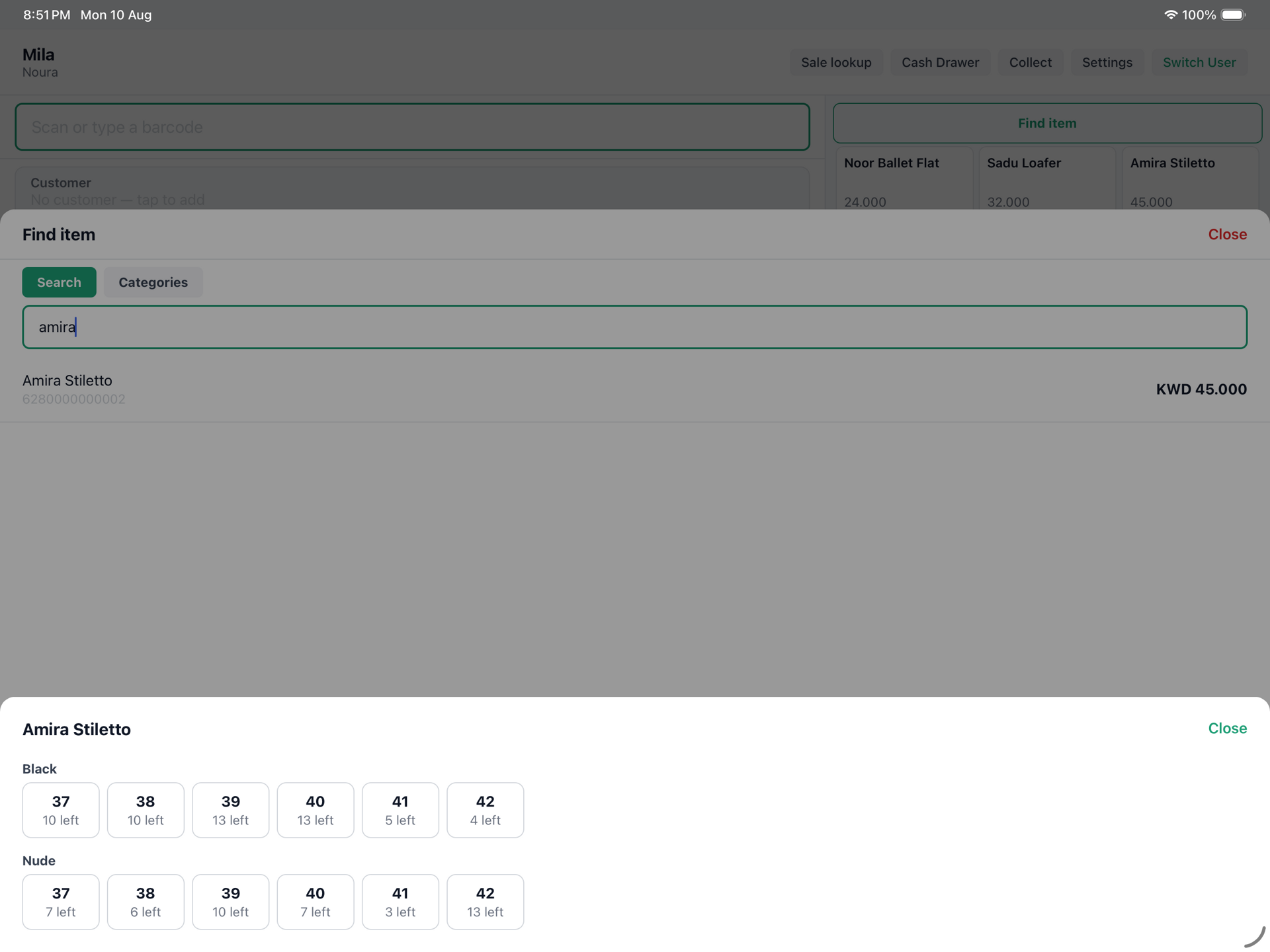 Variant picker showing sizes 37 to 42 in two colours